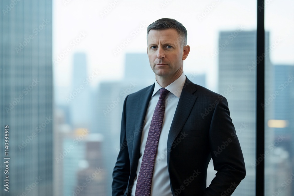 A serious businessman poses in a modern office with a city backdrop. A serious businessman poses in a modern office with a city backdrop.