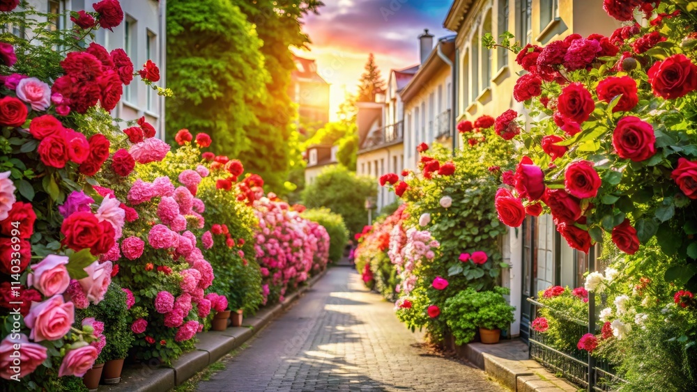 Naklejka premium Blooming roses and thriving green borders line a spring city street in this high-resolution panoramic.