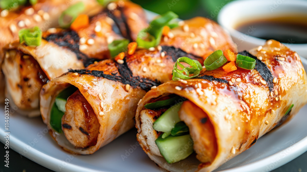 Delicious close-up of grilled spring rolls asian cuisine food photography vibrant restaurant setting culinary delight Delicious close-up of grilled spring rolls asian cuisine food photography vibrant restaurant setting culinary delight