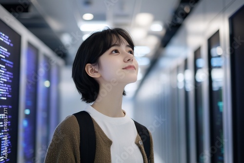 A young woman gazes upward in a modern tech environment.