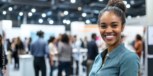 A vibrant booth at a career fair showcasing a company's culture and available job positions, with enthusiastic attendees photo