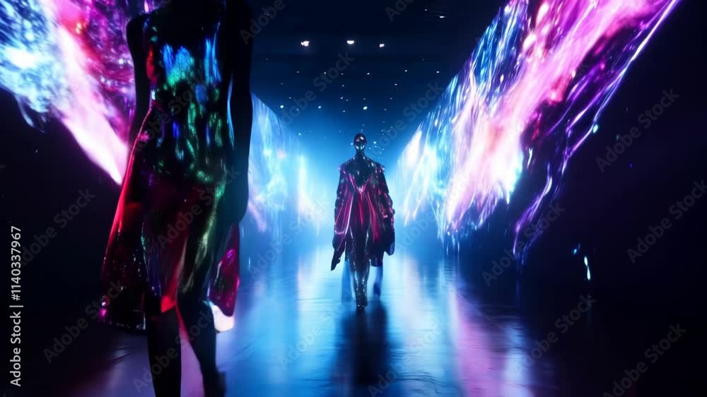 Futuristic Fashion Runway Show: Models Showcase Cutting-Edge Designs with Vibrant Digital Projections