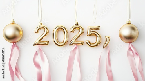 Stylish gold ornaments forming "2025," hanging gracefully from pastel pink silk ribbons, glowing against a white background