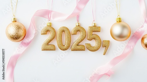 Stylish gold ornaments forming "2025," hanging gracefully from pastel pink silk ribbons, glowing against a white background