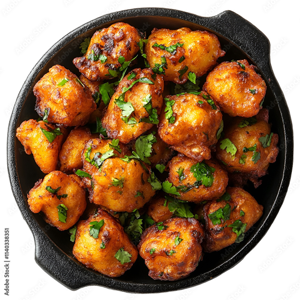 Extreme top view of an extremely perfect looking aloo pakora in a dark cast iron dish isolated on a white transparent background Extreme top view of an extremely perfect looking aloo pakora in a dark cast iron dish isolated on a white transparent background