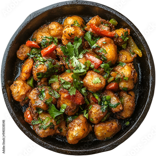 Extreme top view of an extremely perfect looking bread pakora in a dark cast iron skillet isolated on a white transparent background photo