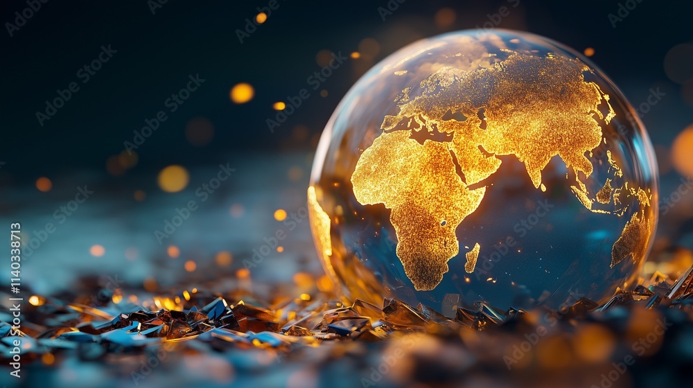 A glowing globe displaying the continents in golden hues against a dark, sparkling background, symbolizing global unity and innovation. A glowing globe displaying the continents in golden hues against a dark, sparkling background, symbolizing global unity and innovation.