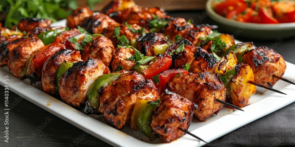 Fresh roast chicken shish kebab displayed on a white platter, showcasing deliciously cooked chicken shish kebab, perfect for any gathering or meal. Enjoy the enticing appeal of chicken shish kebab. Fresh roast chicken shish kebab displayed on a white platter, showcasing deliciously cooked chicken shish kebab, perfect for any gathering or meal. Enjoy the enticing appeal of chicken shish kebab.