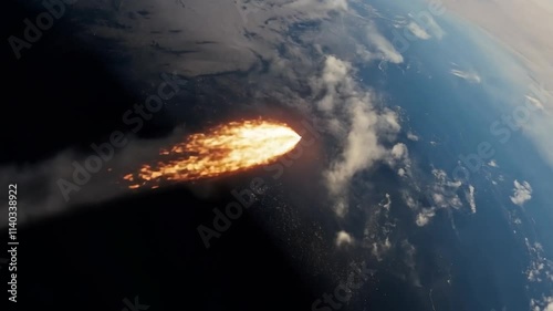 Burning comet with bright coma dust tail flying towards Earth