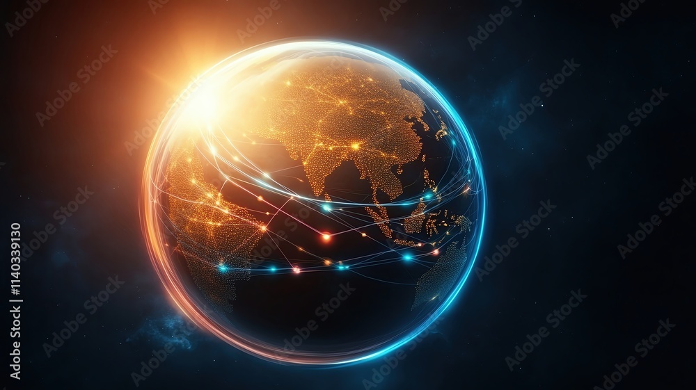 Naklejka premium Illustrations of Data Flow Across Global Networks with Futuristic Designs showing a glowing 3D globe with vibrant data lines flowing across continents.