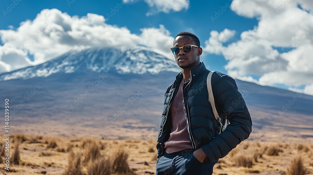 Kenyan male model in casual attire, standing in front of Mount Kilimanjaro, with scenic background Kenyan male model in casual attire, standing in front of Mount Kilimanjaro, with scenic background