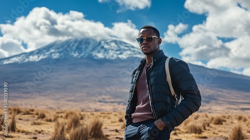 Kenyan male model in casual attire, standing in front of Mount Kilimanjaro, with scenic background