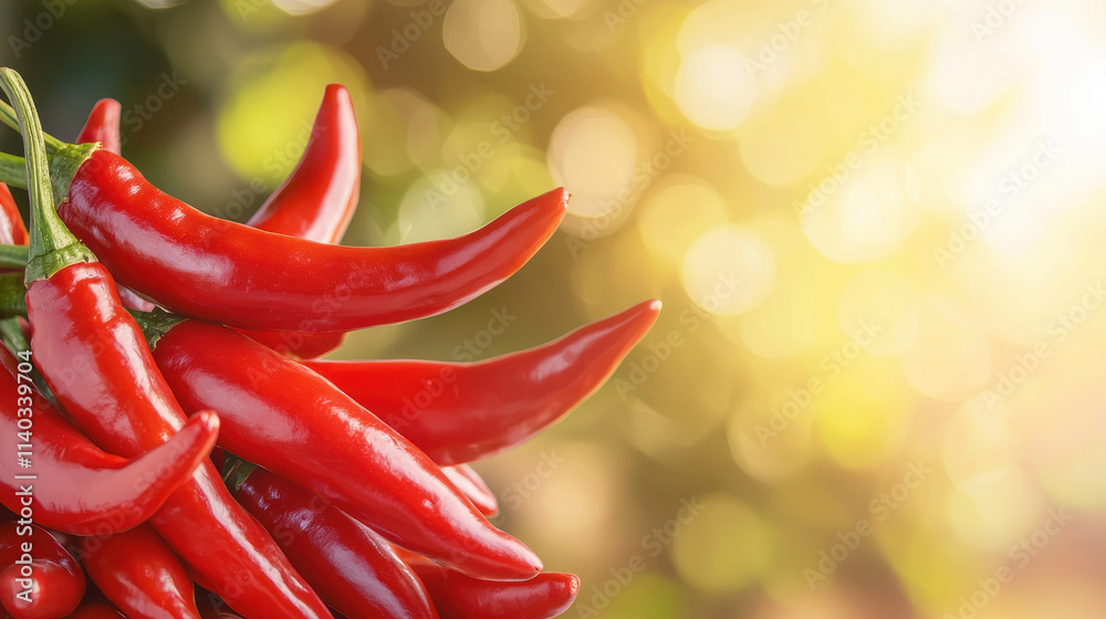 Close up of red chili peppers with sunlight and copy space. Close up of red chili peppers with sunlight and copy space.