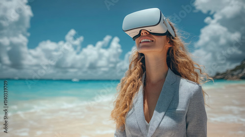 Young woman in a business suit uses VR headset on the background of the beach and the sea. Young woman uses VR glasses for relaxation.