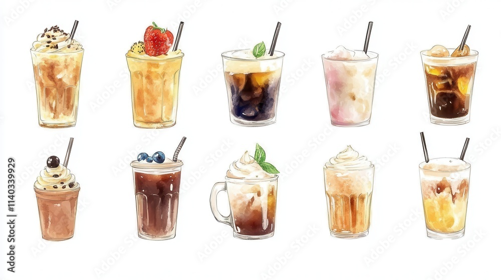 Artistic set of coffee beans and coffee cup drinks isolated on white background,hand-drawn vector,hot coffee drinks,bubble tea,cafe shop,modern flat design,Fashionable and cute coffee motif concept. Artistic set of coffee beans and coffee cup drinks isolated on white background,hand-drawn vector,hot coffee drinks,bubble tea,cafe shop,modern flat design,Fashionable and cute coffee motif concept.