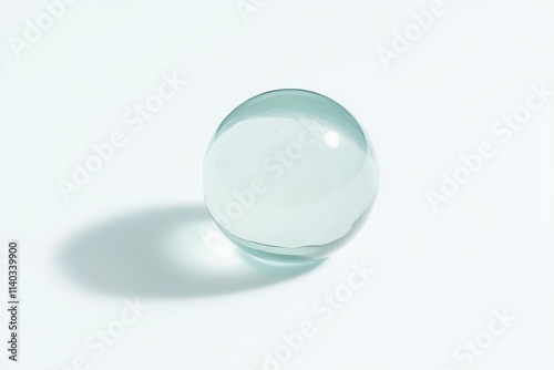 A translucent glass sphere casts a soft shadow on a minimalist white background, evoking serenity and simplicity.