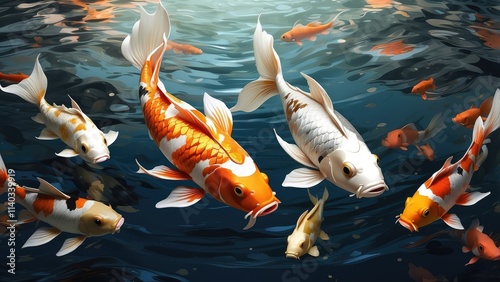 hree koi fish are depicted in a triptych format against a gradient background. photo