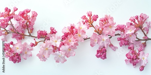 Blooming flowers of Lagerstroemia floribunda, also known as Lagerstroemia loudonii, showcase stunning pink purplish white petals against a bright morning backdrop on a clean white surface. photo