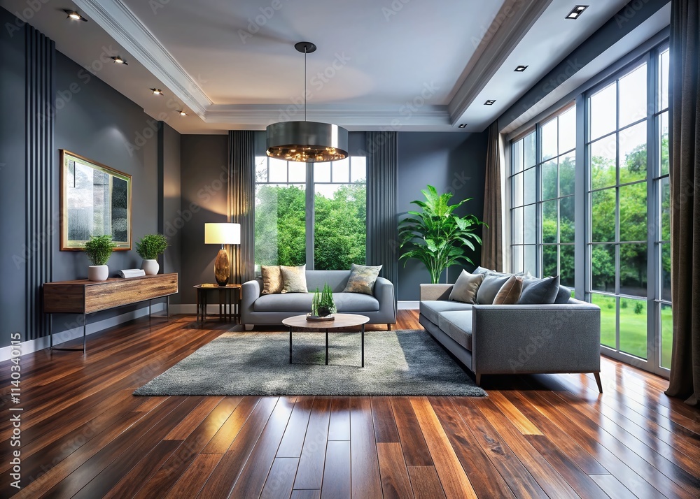 Fototapeta premium Dark Hardwood Floors Gray Walls Interior Design Photography - Modern Home Architecture Images