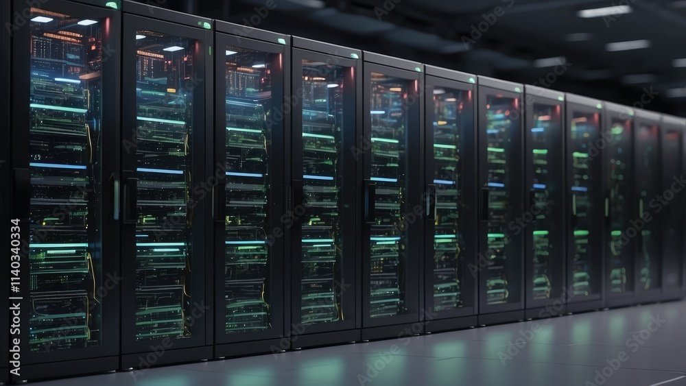 A brightly lit server room featuring rows of high-tech servers illuminated by colorful LED lights. A brightly lit server room featuring rows of high-tech servers illuminated by colorful LED lights.
