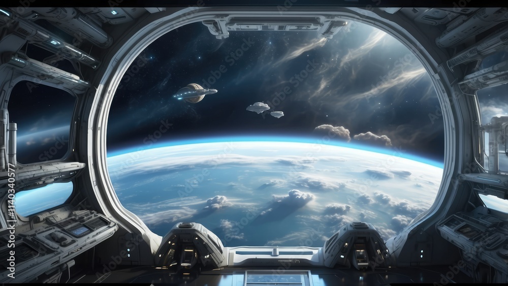 A futuristic spacecraft interior featuring a large window that frames a view of Earth from space. A futuristic spacecraft interior featuring a large window that frames a view of Earth from space.