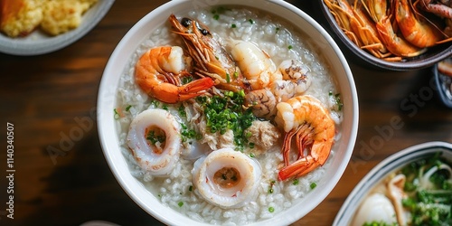 Seafood porridge is a delightful dish featuring boiled rice soup, enhanced with sliced fish, squid, and shrimp, all served in a white bowl. This seafood porridge is perfect for breakfast. Top view
