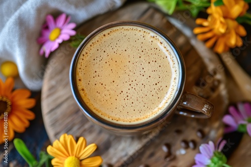 Paleo and keto breakfast drink made from blended coffee organic butter and MCT oil photo