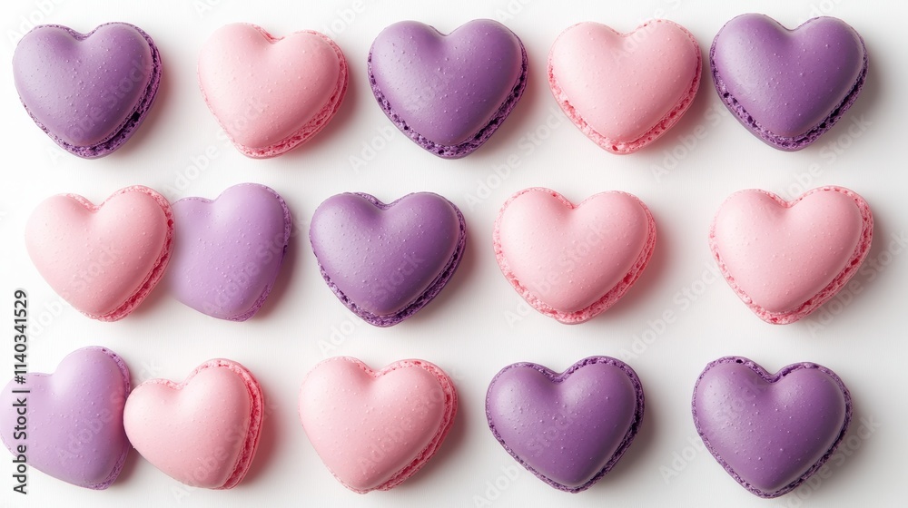 Obraz premium Pink Heart Sweet macarons isolated on a white background,Love romantic,Happy Valentines Day,Macaroons cake creative layout,Sweet collection and design element, Flat lay.