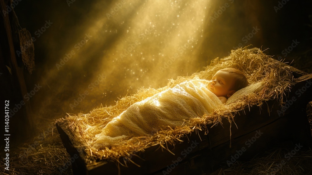 custom made wallpaper toronto digitalInfant Jesus wrapped in swaddling clothes, lying in a rustic manger under a celestial beam of light, exuding warmth and peace