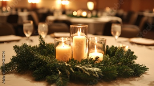 Candlelit Centerpieces: Candles surrounded by evergreen branche photo