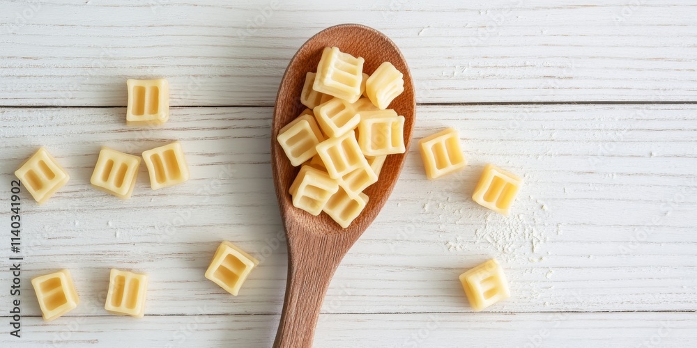 Spoon of quadretti, a delightful square shaped pasta, elegantly rests against a pristine white wooden background, showcasing the unique texture and versatility of quadretti pasta. Spoon of quadretti, a delightful square shaped pasta, elegantly rests against a pristine white wooden background, showcasing the unique texture and versatility of quadretti pasta.