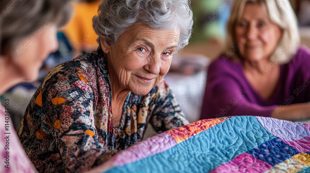 An elderly woman attending a sewing circle, learning new quilting patterns from her friends