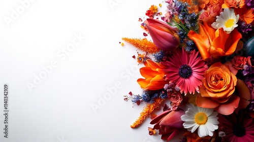 Vibrant spring flowers on white background.