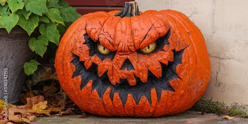 Angry orange pumpkin for Halloween adds a spooky touch to festive decor. This angry orange pumpkin captures the essence of Halloween with its vibrant color and expressive face. photo