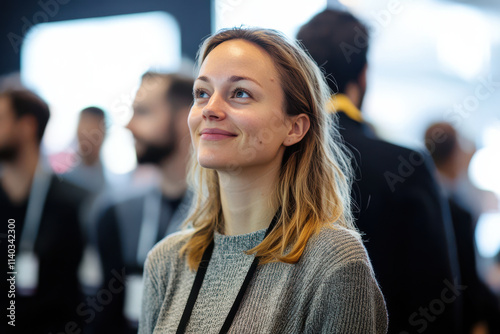 Portrait of a happy young business woman surrounded by people at a conference