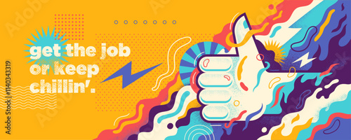 An abstract lifestyle illustration featuring a thumbs-up sign and colorful splashing shapes. Vector illustration.