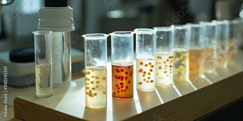 Eppendorf tubes contain bacterial cell pellets with E. coli that express fluorescent proteins YFP, RFP, and GFP, displayed under white light on a wooden lab bench for observation. photo