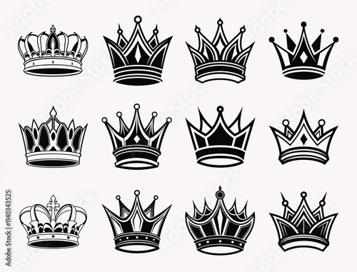 Elegant Queen Crown Vector Set Silhouette Drawing Art Design Illustration