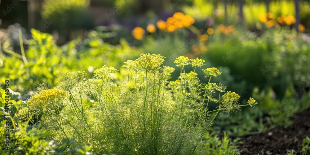 Obraz premium Blooming fennel seeds flourish in the garden, showcasing the vibrant life cycle of fennel seeds as they thrive and grow in a lush, green environment. Enjoy the beauty of blooming fennel seeds 