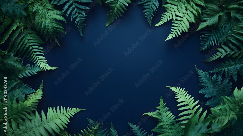 Dark blue background with fern leaves in the corners, empty center for text or product display, nature-inspired backdrop Dark blue background with fern leaves in the corners, empty center for text or product display, nature-inspired backdrop