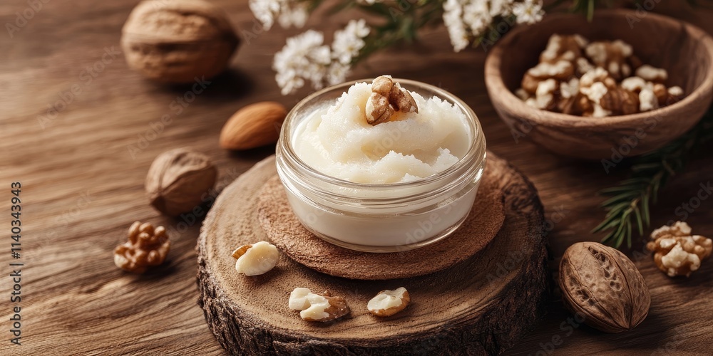 Shea butter accompanied by nuts displayed on a wooden surface, showcasing the natural beauty and benefits of shea butter and nuts in an elegant arrangement on wood. Shea butter accompanied by nuts displayed on a wooden surface, showcasing the natural beauty and benefits of shea butter and nuts in an elegant arrangement on wood.