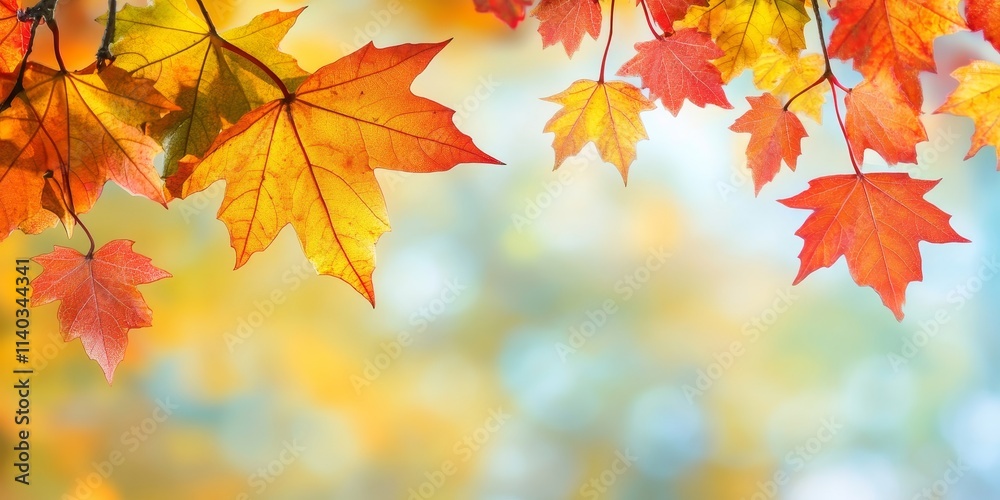 Vibrant maple leaves in close up showcase the beauty of autumn foliage against a blurred backdrop. This colorful display of fall leaves creates an ideal panoramic background with ample copy space. Vibrant maple leaves in close up showcase the beauty of autumn foliage against a blurred backdrop. This colorful display of fall leaves creates an ideal panoramic background with ample copy space.