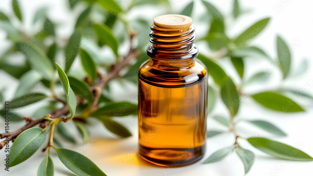 A high-quality image of an amber bottle of eucalyptus essential oil, surrounded by eucalyptus leaves and branches, captured on a white background. The realistic details emphasize natural textures and A high-quality image of an amber bottle of eucalyptus essential oil, surrounded by eucalyptus leaves and branches, captured on a white background. The realistic details emphasize natural textures and