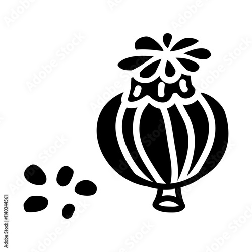The icon of the contrasting contour of poppy seeds with a natural container. Vector thin line of the poppy flower head, food seasoning, narcotic plant. Seasoning of dried flowers