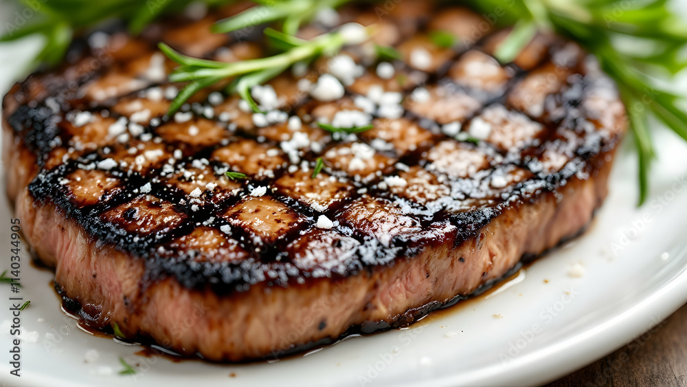 A close-up of a grilled steak, perfectly seared, garnished with rosemary sprigs and coarse sea salt. The steak is plated on a plain white surface, emphasizing its juicy texture and smoky crust A close-up of a grilled steak, perfectly seared, garnished with rosemary sprigs and coarse sea salt. The steak is plated on a plain white surface, emphasizing its juicy texture and smoky crust