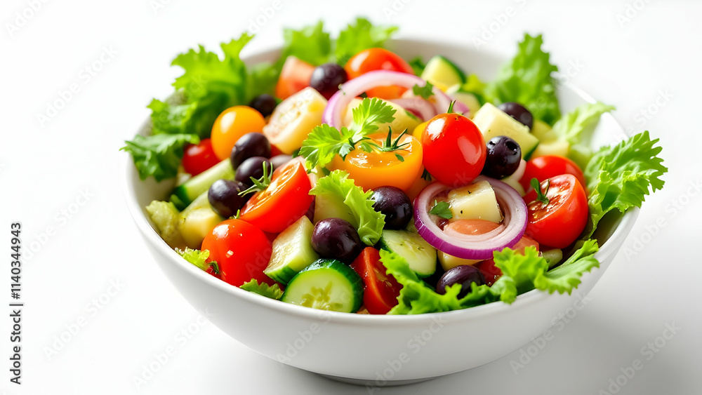 A bowl of colorful mixed vegetable salad, including cherry tomatoes, cucumbers, red onion, lettuce, and olives, drizzled with olive oil. The bowl is placed on a clean white background. A bowl of colorful mixed vegetable salad, including cherry tomatoes, cucumbers, red onion, lettuce, and olives, drizzled with olive oil. The bowl is placed on a clean white background.