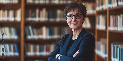 Portrait of a librarian in a library, with shelves of books in the background, smiling, portrait shot