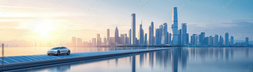 futuristic cityscape with solar powered road and electric car at sunrise futuristic cityscape with solar powered road and electric car at sunrise