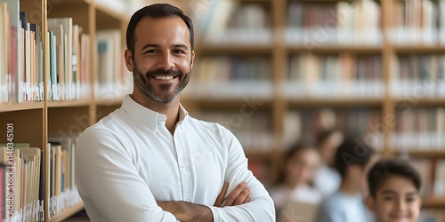 Portrait of a male teacher standing proudly in a library, reading to a group of young students, smiling, with copy space photo