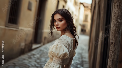 Italian female model in stylish dress, standing on a cobblestone street in Florence photo